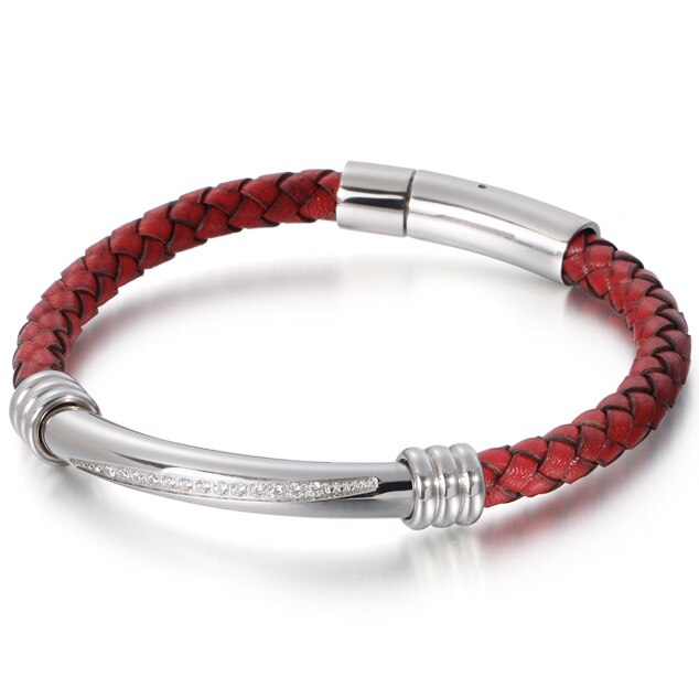 Bracelet en cuir rouge hommes or acier inoxydable avec des Bracelets à breloques CZ tressé corde Bracelet Bracelets d'enveloppement bijoux masculins: Silver Red