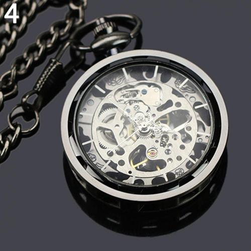 Unisex Luxury Silver Skeleton Mechacnical Hand-winding Mens Pocket Watch with Chain Smooth Steel Women Unisex Pocket Watch: Silver