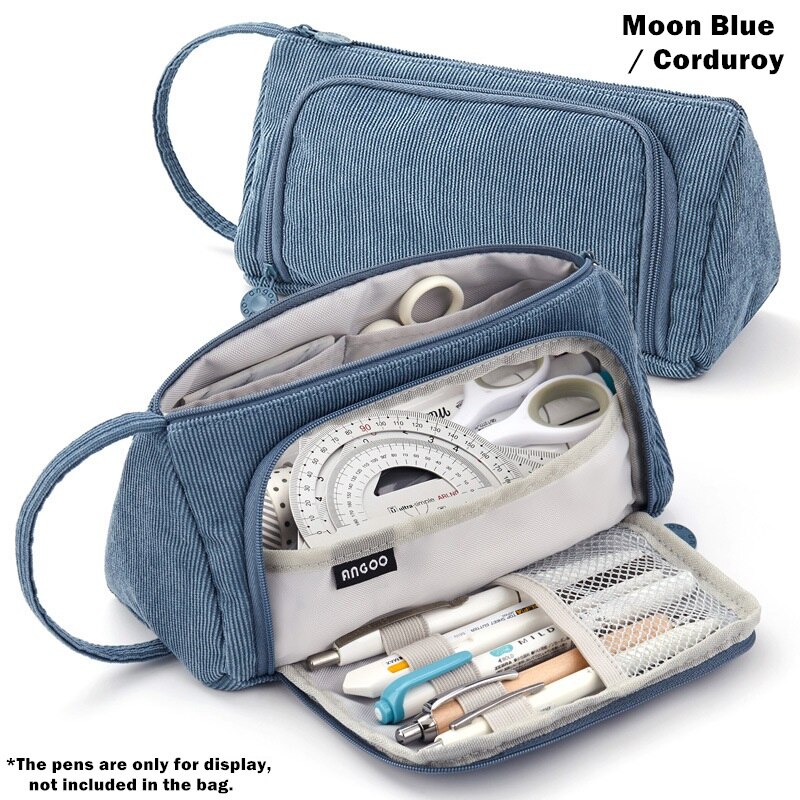 Angoo [Pure] Kleur Etui, Multi Slot Pen Zak, grote Opslag Pouch Organizer Voor Briefpapier Cosmetische Reizen Portemonnee A6443: Blue Corduroy
