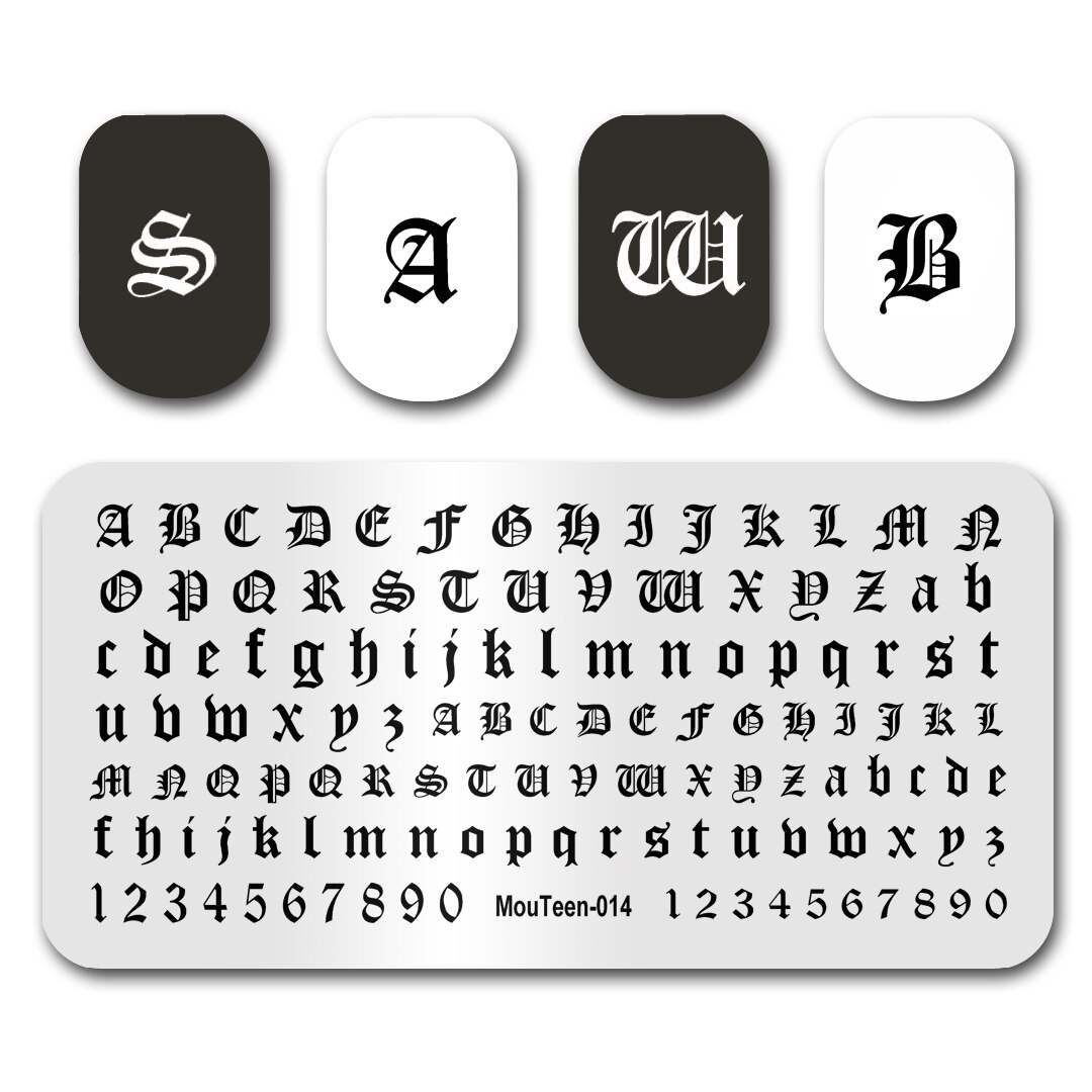 Nail art stempling mouteen 018 gotiske bogstaver magiske tal ord negle stempling plader manicure sæt til neglestempling: Mouteen 014