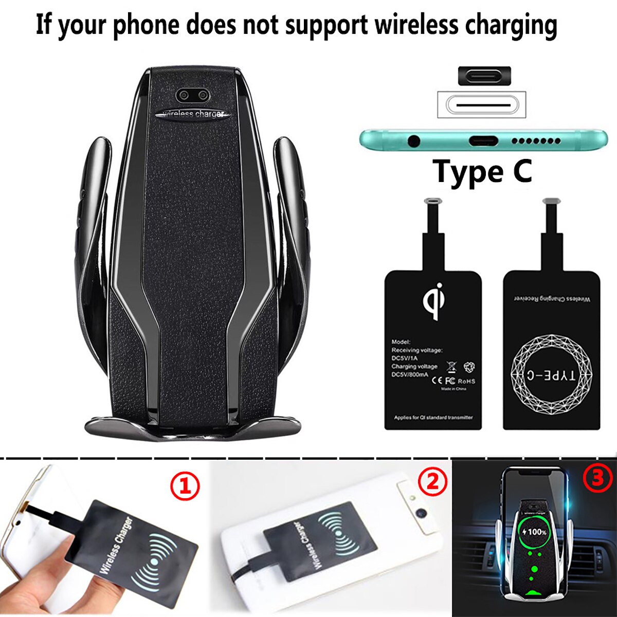 Qi Automatic Clamping Car Phone Holder Fast 10W Wireless Charging Car Charger Holder Mount Air Vent for iPhone X Max XR Samsung: Black For Type-C