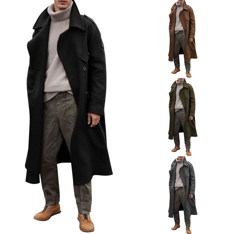 Khaki Trench Coat Men Classic Autumn Winter Long Jacket Men Casual Loose Long Coat Trench Male Overcoat Streetwear Coat