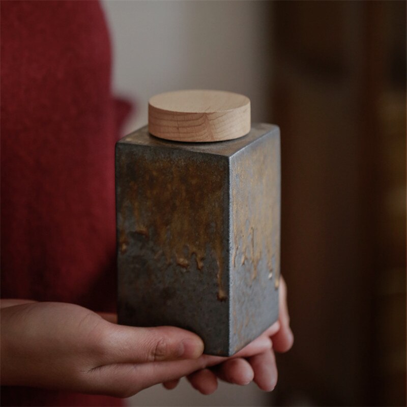 Ceramic Handmade Tea Caddy Coarse Pottery Geometric Sealed Storage Jar with Wood Cover Food Container Tea Ceremony