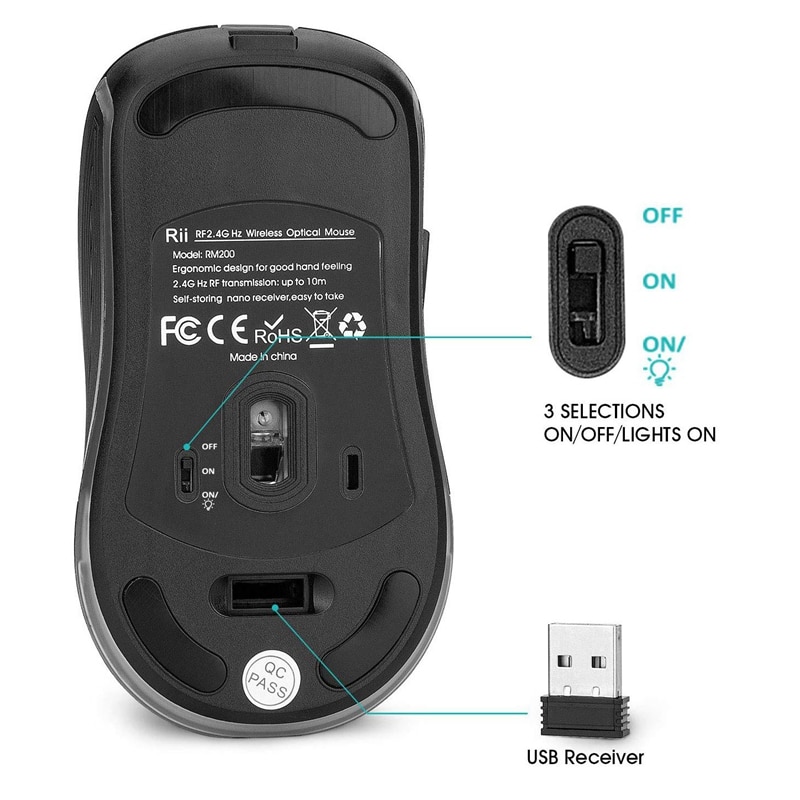 Rii RM200 2.4G Wireless Mouse 5 Buttons Rechargeable Mobile Optical Mouse with Colorful LED 3 Adjustable DPI Levels for PC