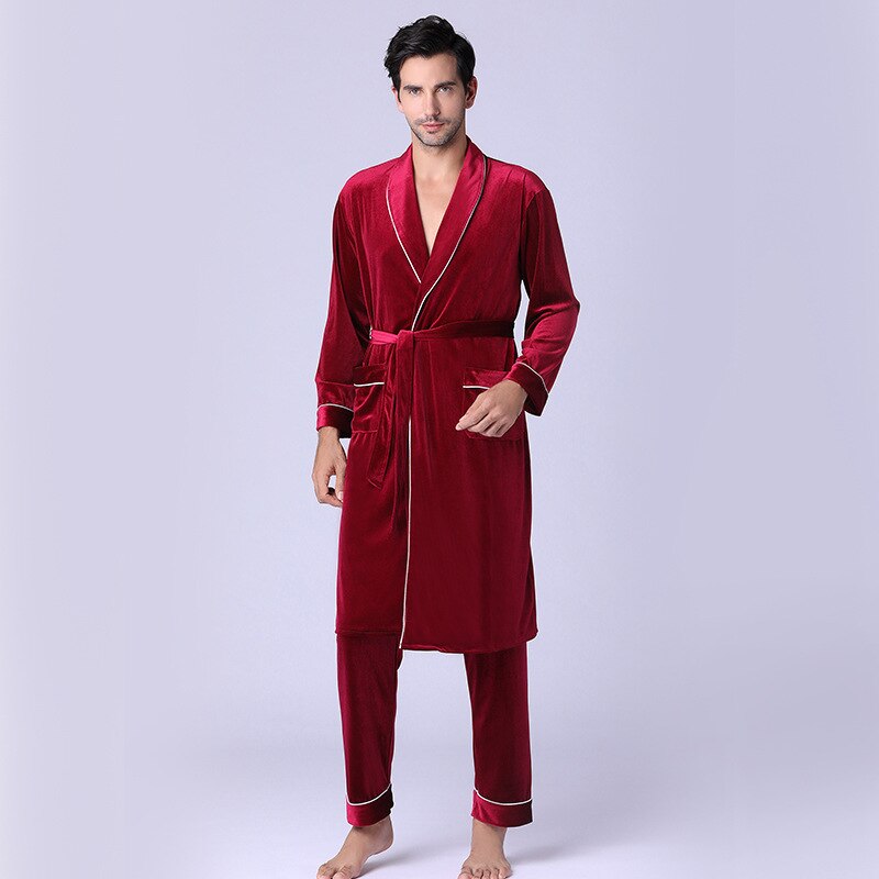 Zijde Pyjamabroek Slapen Jurk Mannen Szata Zestawy Robe De Chambre Homme Gouden Fluwelen Herfst En Winter Nachtjapon Broek: Xl