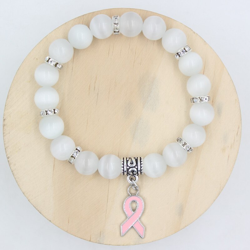 Pulsera de cuentas de ópalo blanco y rosa, joyería de concientización sobre el cáncer de mama, pulseras y brazaletes con abalorios de cinta rosa: White