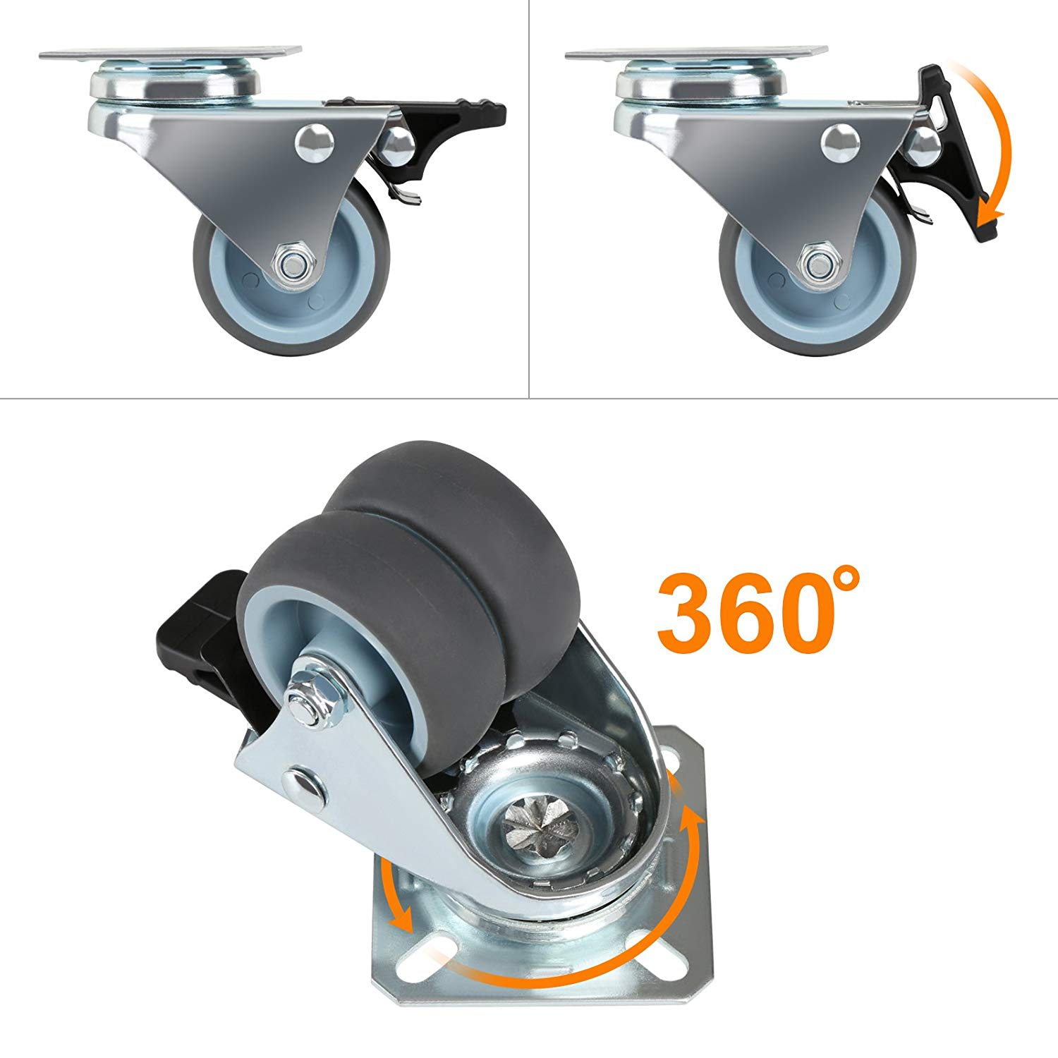 4 x kraftiga svängbara länkhjul 50mm med broms för vagn möbelhjul svart