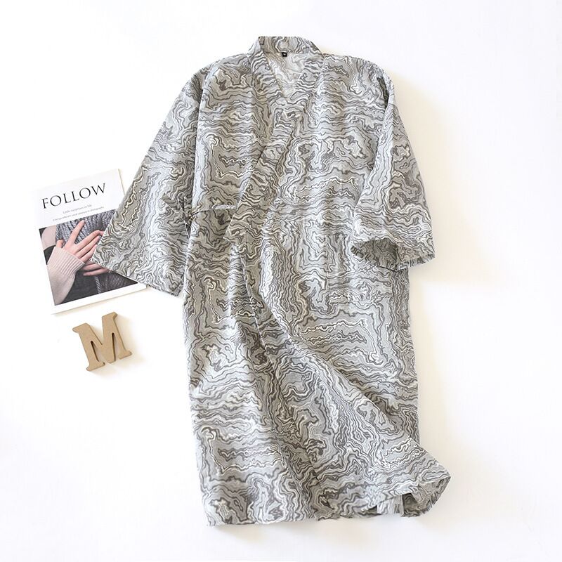 Menns bomullsgasbind kappe løs tynn stil badekåpe japansk kimono nattøy herre retro kapper v-hals pyjamas mannlig badekåpe: L