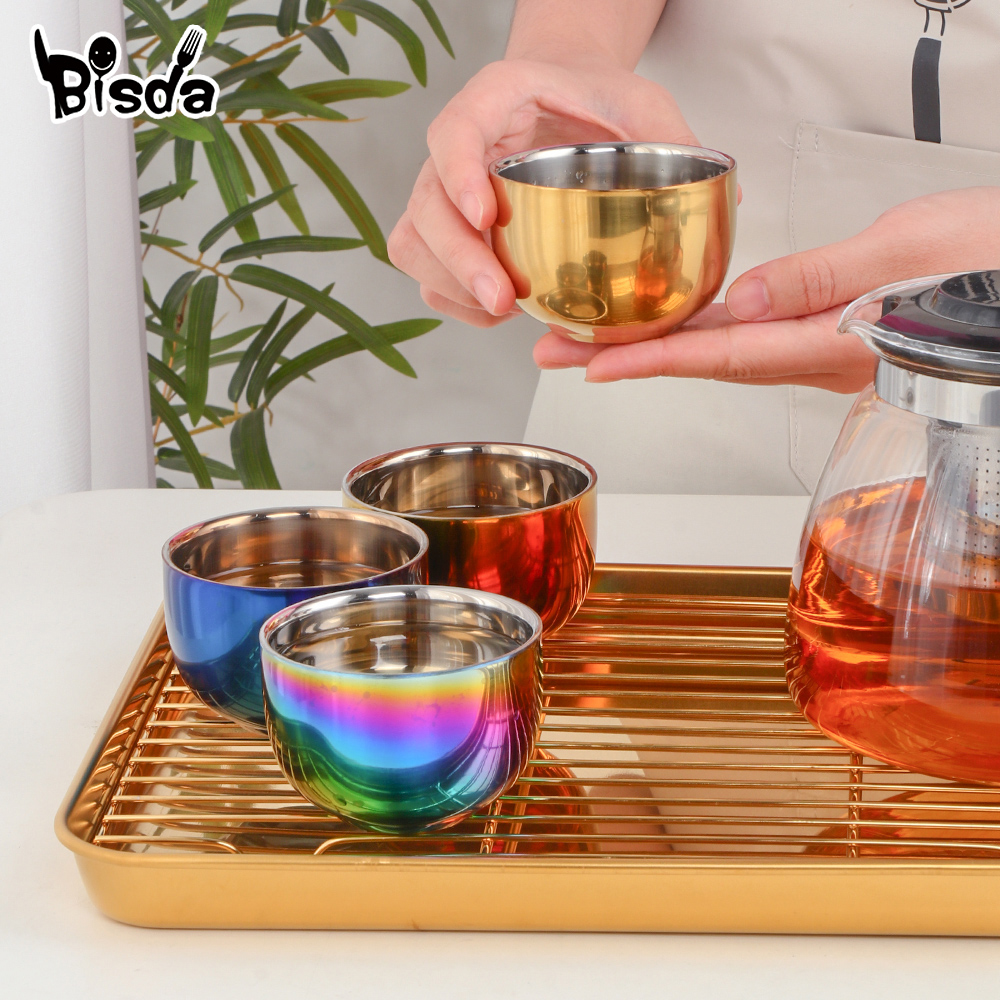Ensemble de tasses à thé en acier inoxydable, 4/8 pièces, avec plateau et support amovible, tasse en or Double couche Anti-brûlure, service à thé