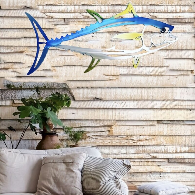 Simulation Metal Shark Tuna Pendant Wall Decor Metal Fish Sculpture Wall Art Hanging Ornament for Living Room