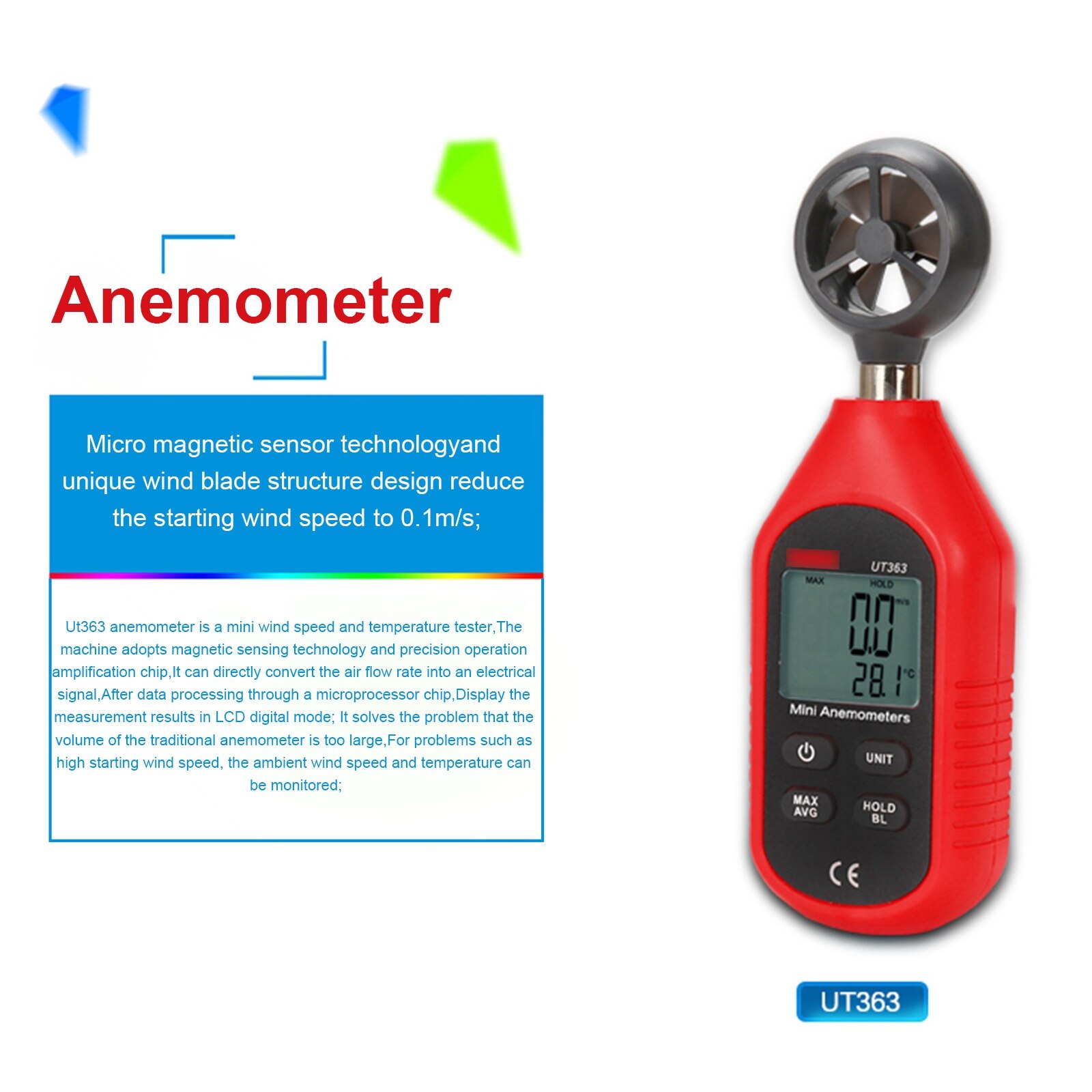 UT363BT Anemometer Digital Wind Speed Measurement Temperature Tester LCD Display Handheld Air Flow Speed Wind Meter Monitor: Brown