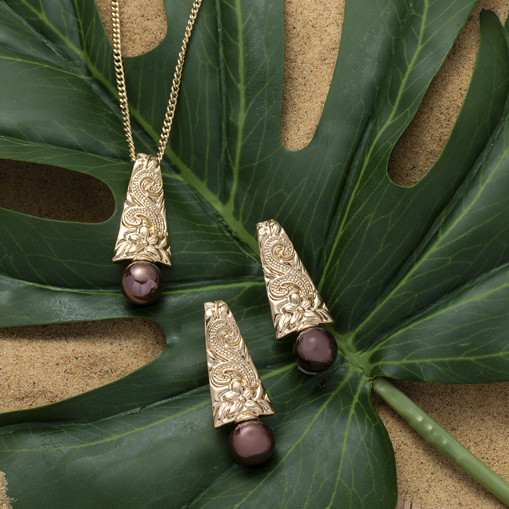 SophiaXuan Hawaiian Jewelry Set Pink Pearl Necklace Polynesian Necklace Samoa Gold Plated Earrings Set for Women: ZH0310GOBR