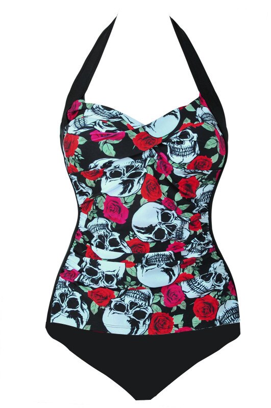 Tony Sexy Women One Piece Swimsuit Push Up Skull/Rose Skull Print Halter Backless Beachwear High Waist Swimwear Plus Size M~4XL: rose / M