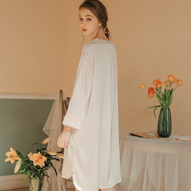 Sexy Sleep Tops Ladies Spring Autumn Summer Loose Simulation Silk Night Dress Plus Size Long Sleeve Lace Collar Sleep Clothes