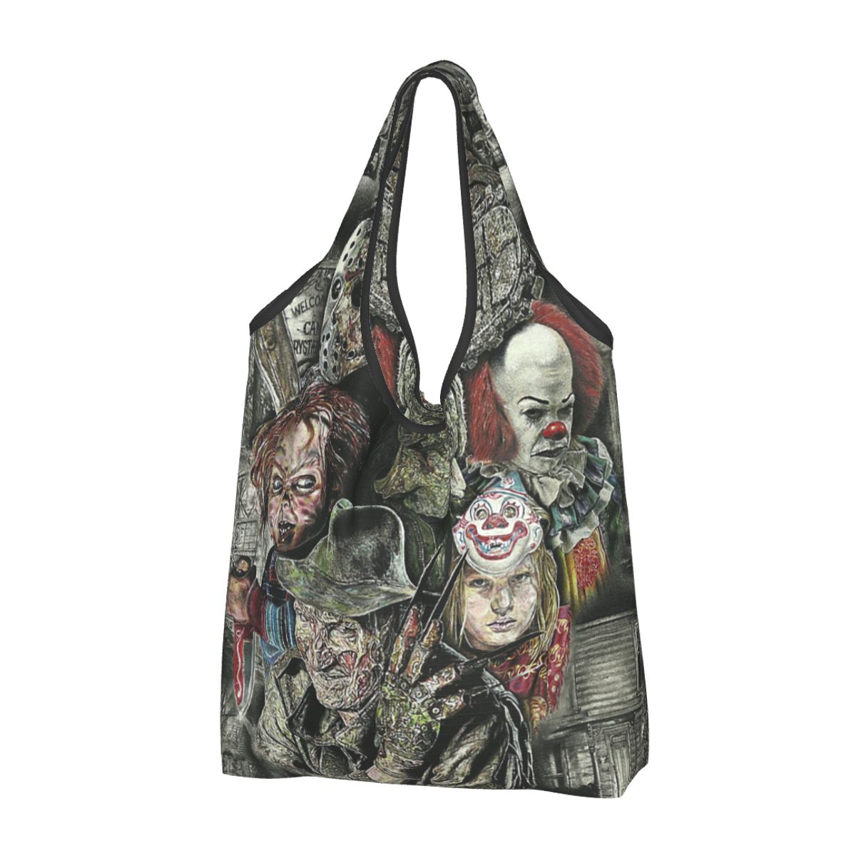 Custom Reusable Halloween Horror Movie Character Shopping Bag Women Tote Bag Portable Groceries Shopper Bags: GRAY