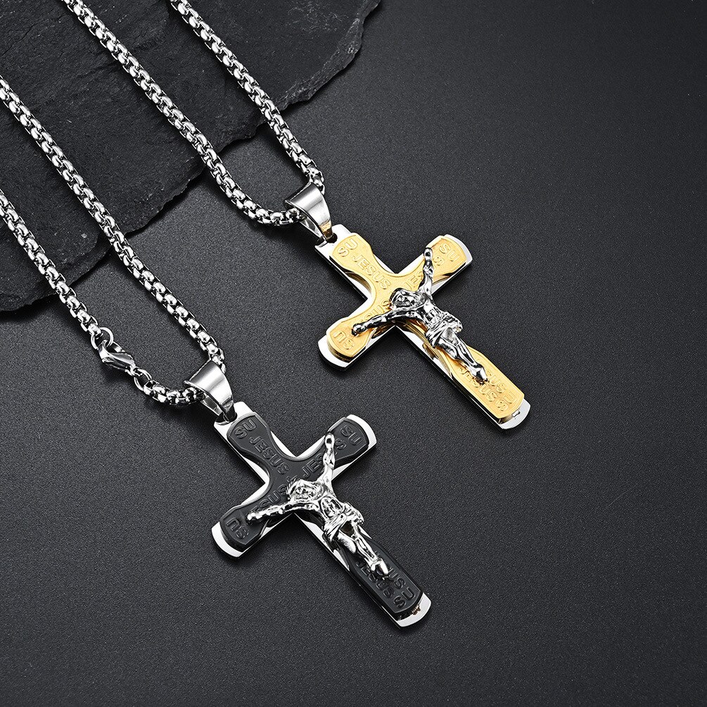 JESUS Multi-Layer Cross Pendant Necklaces Christian Stainless Steel Payer Necklace for Men Him Male Jewelry