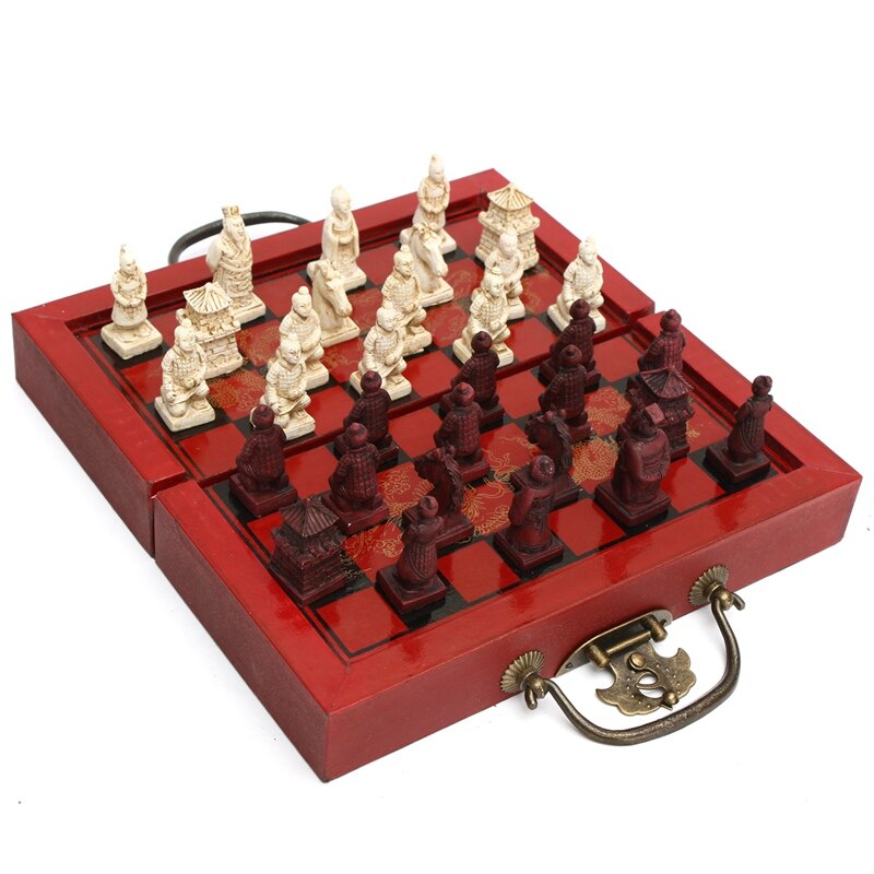 Caja de cuero de madera china con 32 piezas de figuras de terracota, juego de ajedrez, entretenimiento, Damas, juegos tradicionales