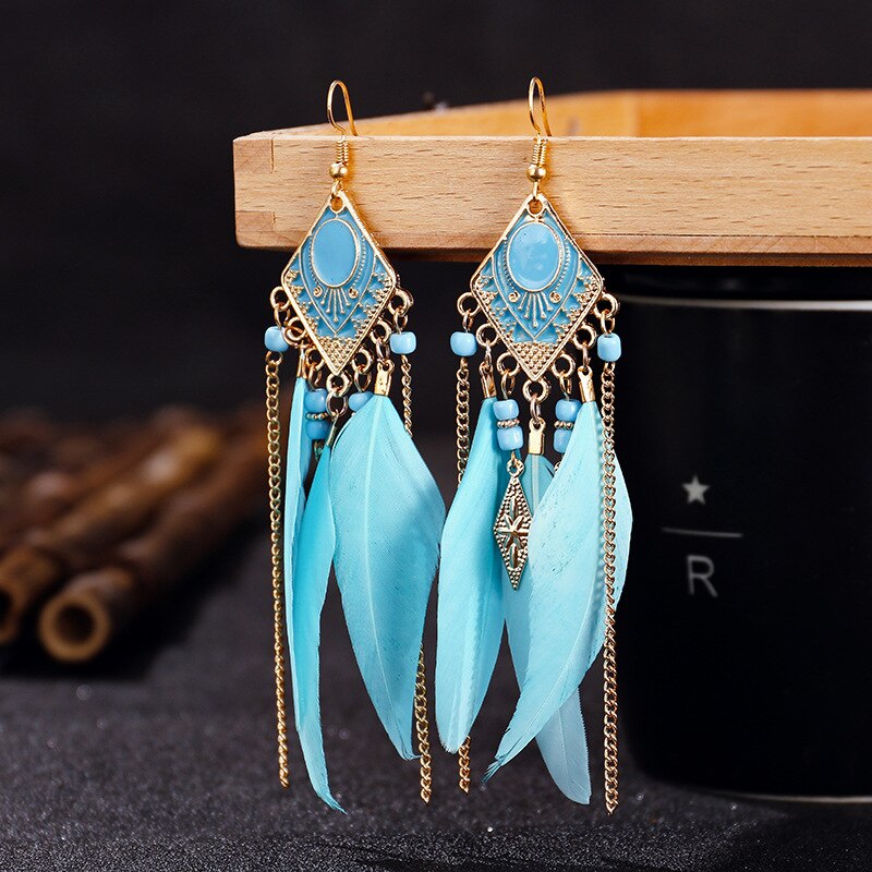 Etnische oorbellen met veren, damessieraden, bohemian zomerse metalen oorbellen met lange kwastjes, indiase sieraden: Dx027-6