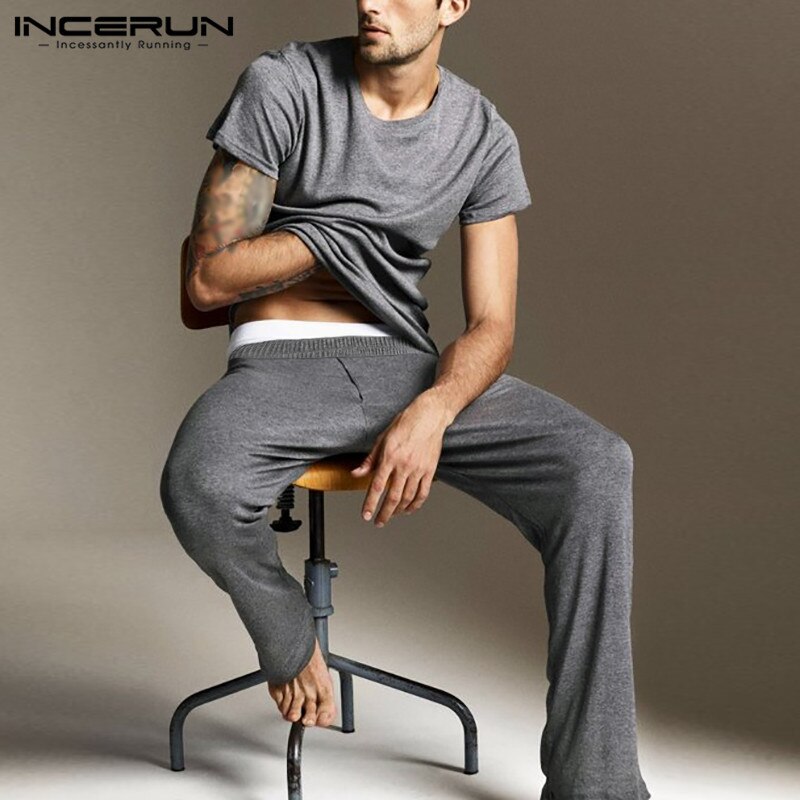 INCERUN Men Solid Pajama Sets Short Sleeve O Neck Tops Elastic Waist Pants 2 Pieces Man Breathable Homewear Loose Suit Plus Size
