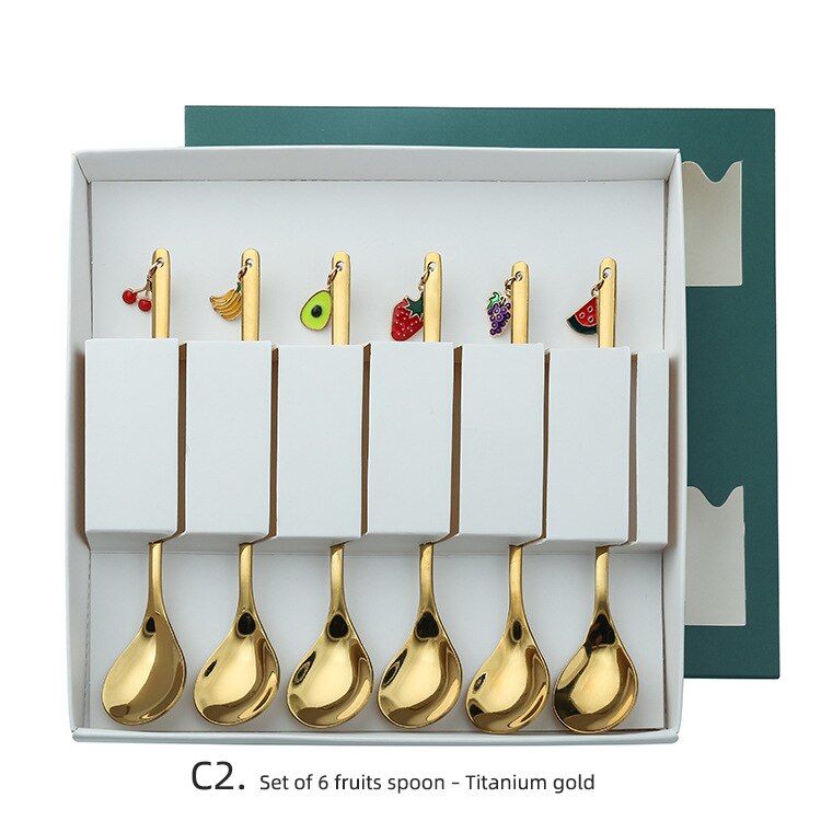 Christmas Spoon Vacuum Plating Stainless Steel Coffee Spoon Long Handle Tea Spoons Kitchen Drinking Flatware: C2