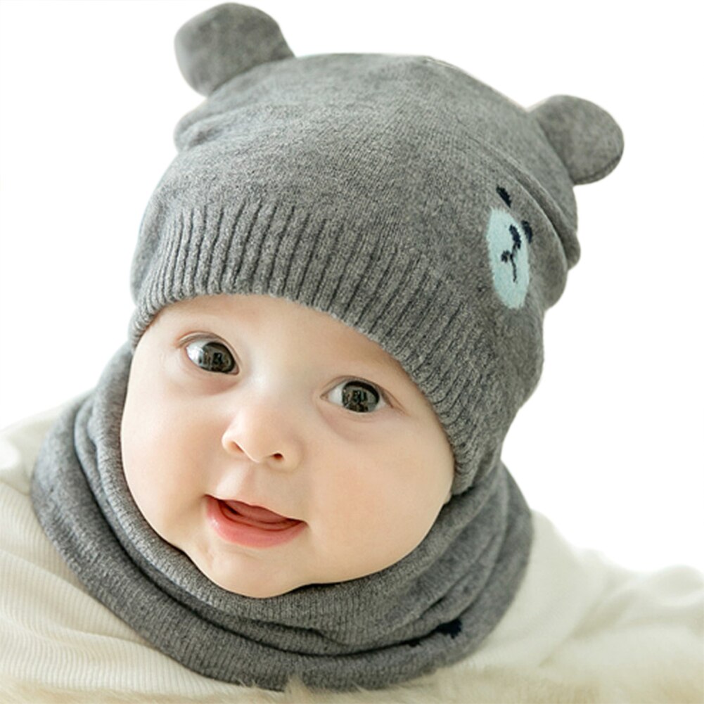 Baby Winter Caps Scarf Suits Warm Knitted Beanie Cap Cute Cartoon Bear Beanie KS: Gray