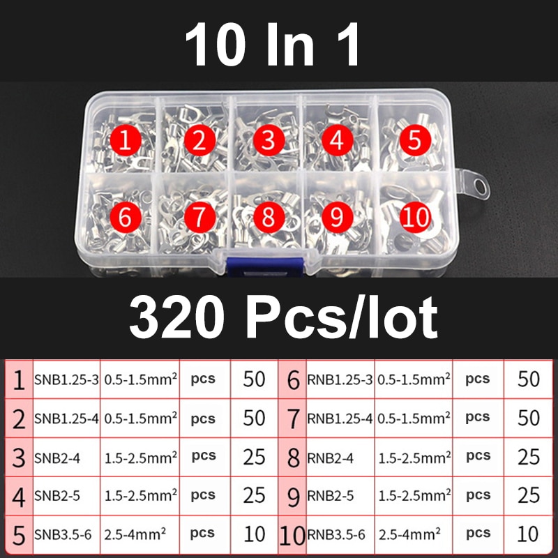 320Pcs/Box Terminals Non-Insulated Ring Fork 10 In 1 U-type Brass Terminals Assortment Kit Cable Wire Connector Crimp Spade