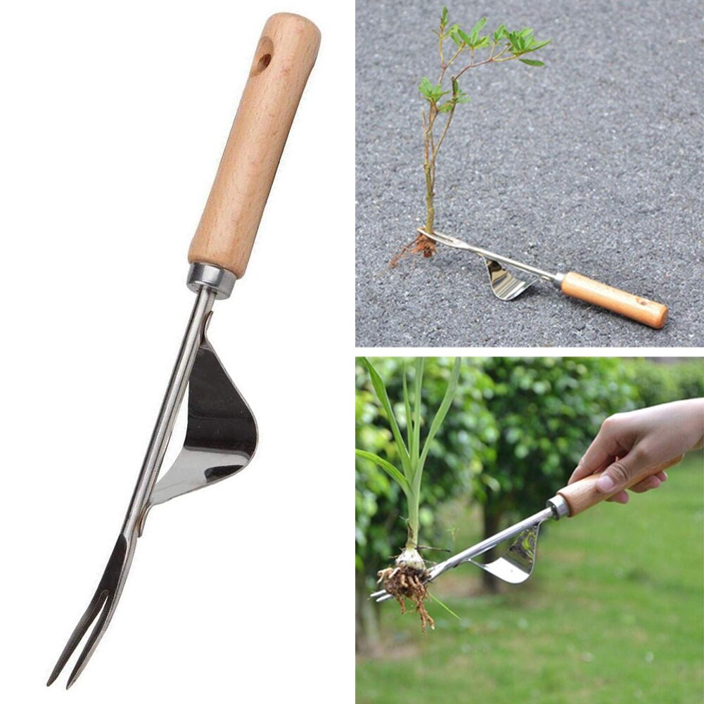 Outdoor Garden Weeder Manual Weeder Fork Stainless Steel Hand Wood Handle Digging Puller Weeding Tool