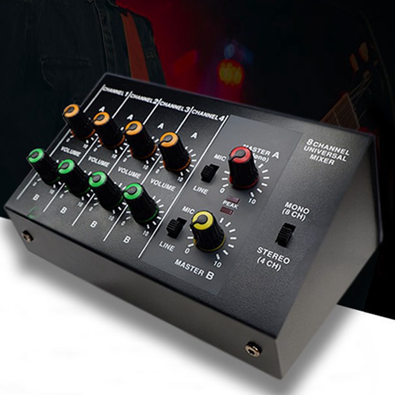 MIX-428 o Mixer 8-Channel o Mixer, pequeño expansor mezclador integrado para instrumentos musicales micrófono (enchufe de la UE)