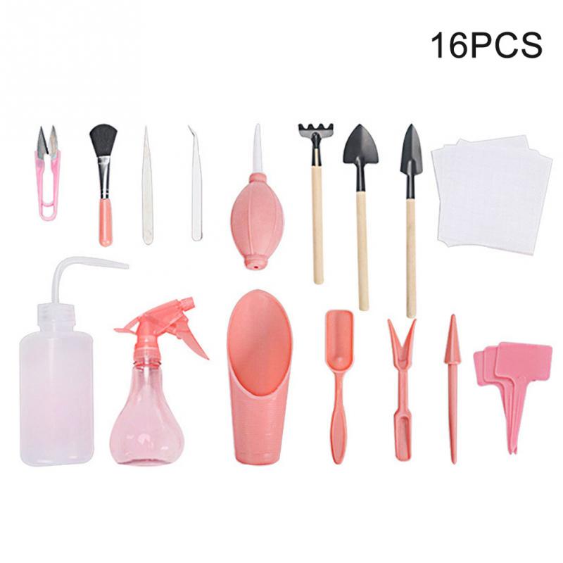 12pcs 16pcs Pruning Transplanting Planting Watering DIY Tool Home Bonsai Digging Succulent Planting Garden Planter Kit Sowing: Pink 16PCS