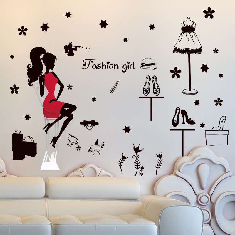 Modern lady glass window door sticker garment shop sign glass window sticker shopping girl wall sticker store sticker