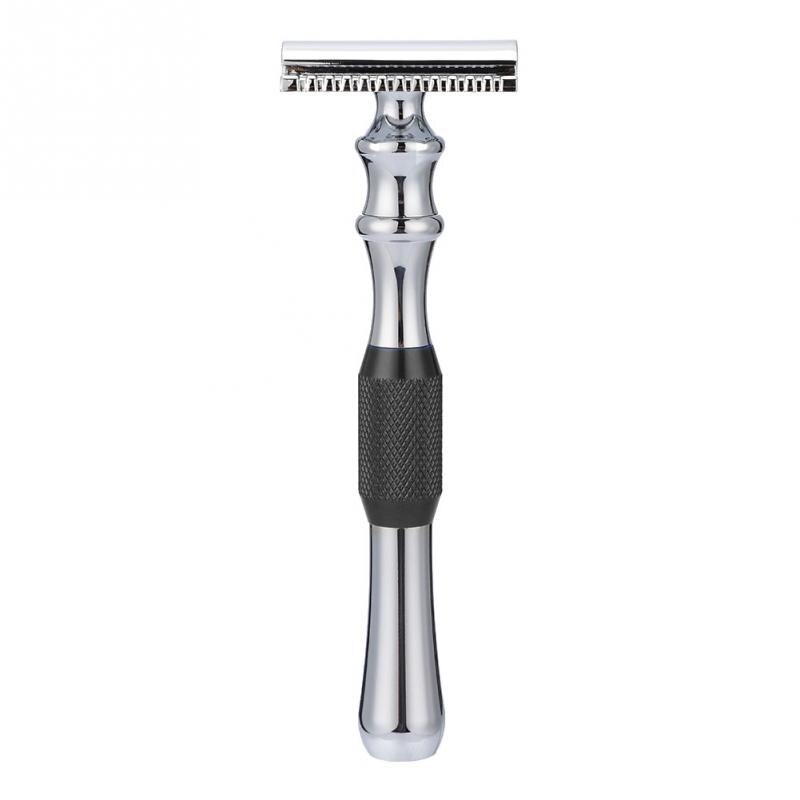 Men Safety Razor Anti-slip Stripe Handle Classic Double-Edged Shaving Razor Blade &amp; Base Manual Razor Shaving Tool Hair Remover: Black Razor