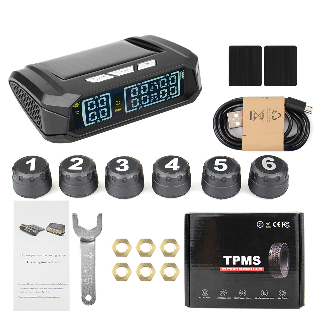 Lastbil bil tpms däcktrycksövervakningssystem automatisk display larmövervakning usb-laddning temperaturvarning med 6 sensorer