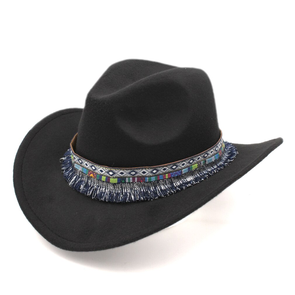 Mistdawn klassiske kvinder mænd western cowboy ridning hat ridning cowgirl cap bred brim m / bohemia kvast bånd størrelse 56-58cm: Sort