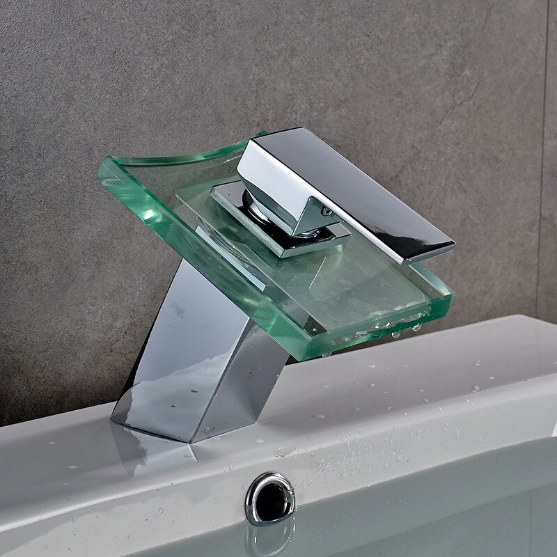 LED Basin Faucet Brass Waterfall Temperature Colors Change Bathroom Mixer Tap Deck Mounted Wash Sink Glass Taps