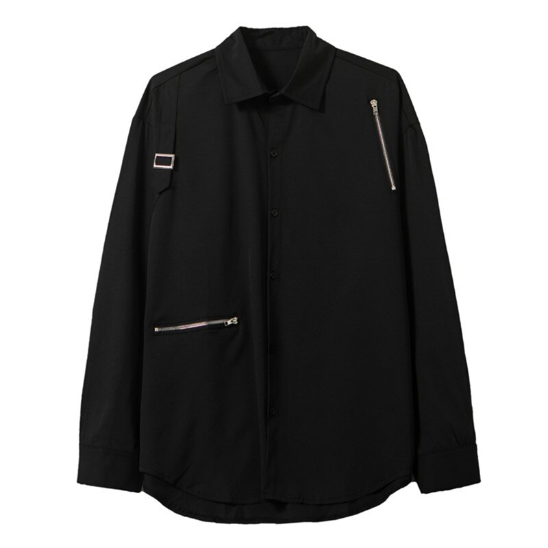 Plus størrelse langermet høstantrekk søm glidelås ringe bånd fast punk streetwear skjorte mørk bluse hofte hopp harajuku menn goth: Svart / Xxl