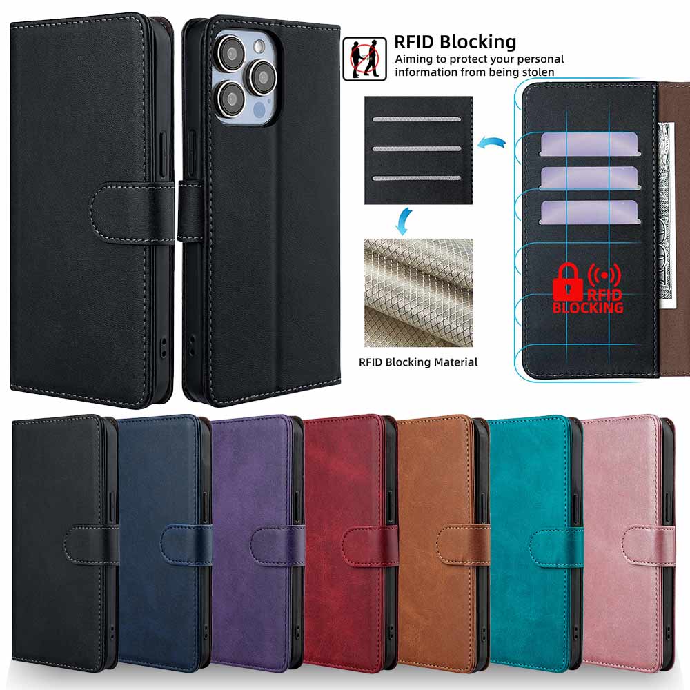 RFID Blocking Flip Magnetic Buckle Wallet Case for iPhone 16 Pro Max 16 Plus Protective Cover Leather Book Case With Card Holder