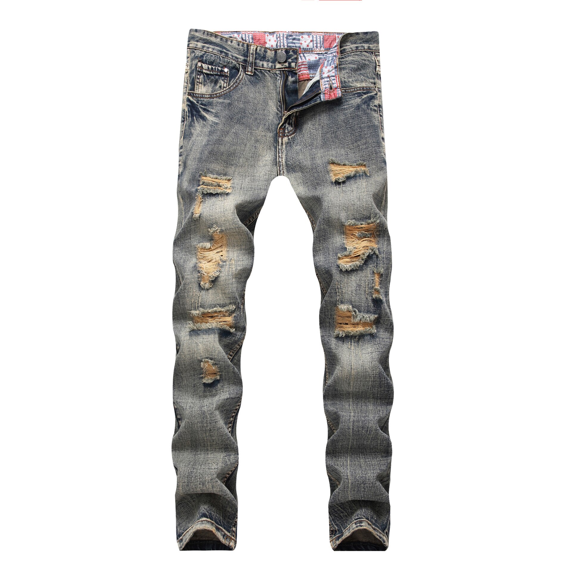Nueva Pantalones vaqueros clásicos con agujeros para hombre, Vaqueros rasgados para motociclistas de calle alta, pantalones vaqueros rectos ajustados de Hip Hop para hombre, pantalones vaqueros Casuales