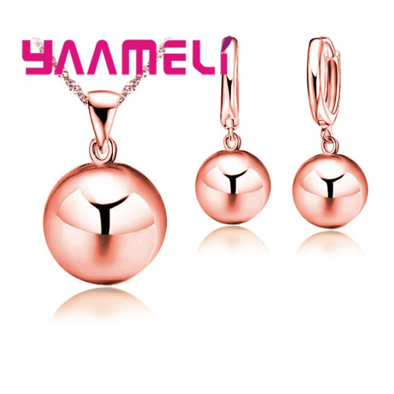 Jewelry Sets for Wedding Engagement 925 Silver Color 12MM Smooth Ball Round Metal Stone Necklaces Earrings Anniversary: Gold-color