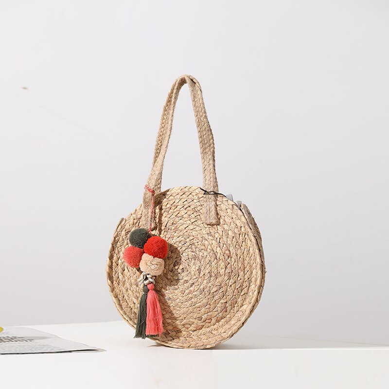 Leuke Haar Bal Strozak Grote Capaciteit Ronde Niche Geweven Zak Vrouwen Een-Schouder Hand-Held strandtas: Default Title