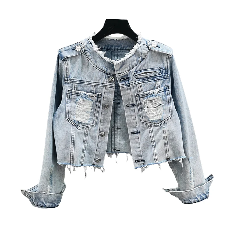 Ljusblå vintage-jeansjackor med o-ringning, hål, cowboy-ytterkläder, smal, kort fåll, fransig, stora fickor, jeansjacka, kappa, dam: M