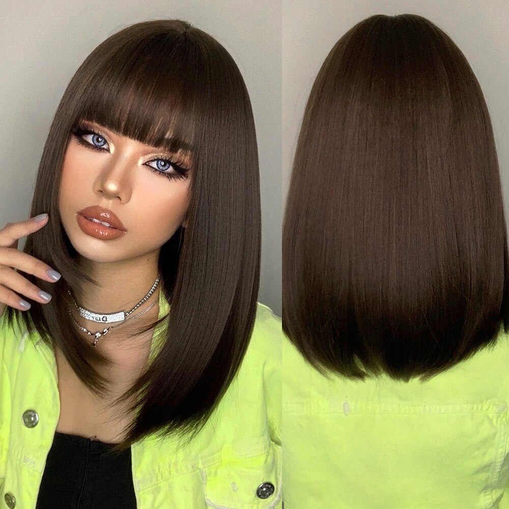 Element 16 Inch Synthetic Wig With Bangs Natural Headline Ombre Brown Color Cosplay Party Replacement Wigs for Women: LC5056-1