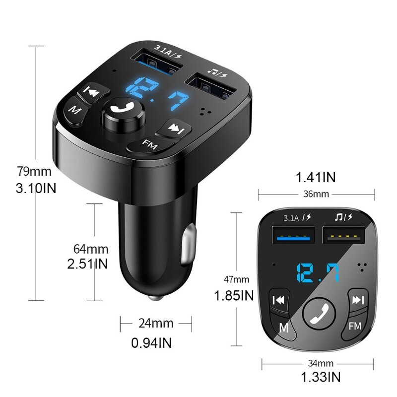 Reproductor MP3 con manos libres para coche, Transmisor FM, puertos USB duales, carga rápida, Bluetooth