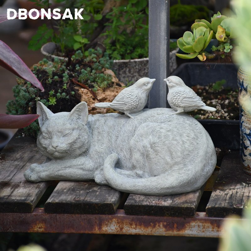Outdoor Kitten Vogel Ornamenten Hars Lui Grey Kat Beeldjes Decoratie Tuin Villa Gazon Landschap Dier Ambachten Sculptuur Decor
