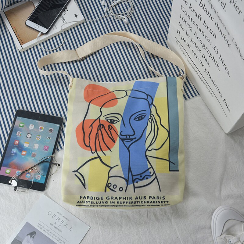 Matisse tegneserieudskrivning ulzzang afslappet sjov tegneserie crossbody kvindelig stor kapacitet kunst vintage harajuku lærred skuldertasker