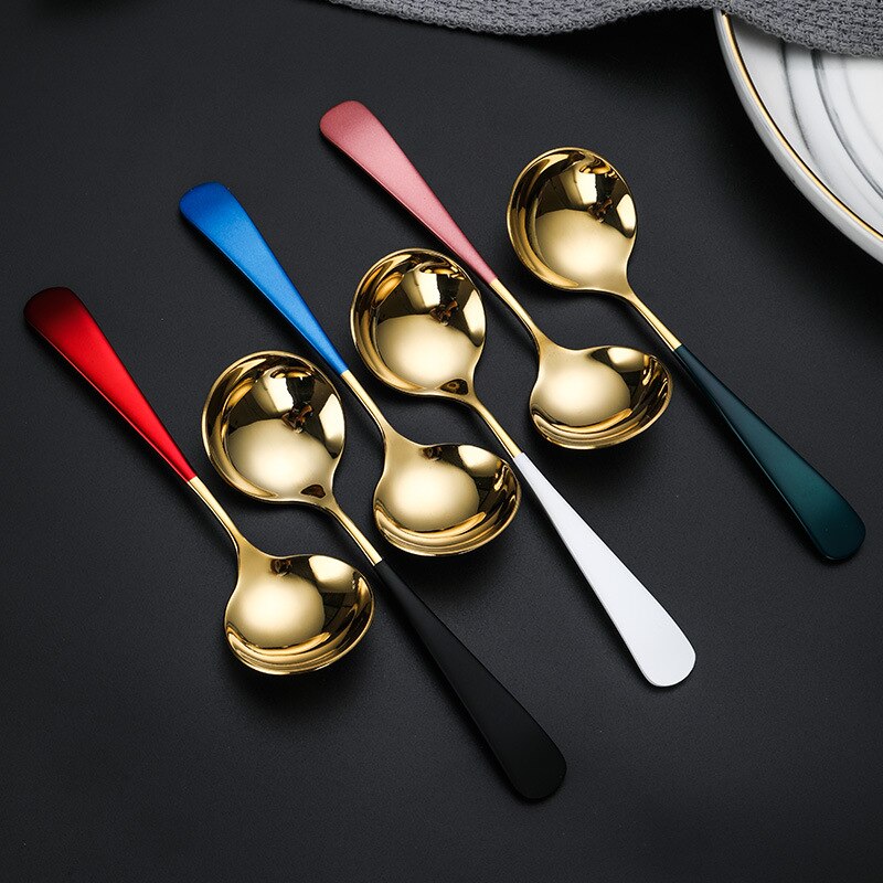 1pc Stainless Steel Round Head Spoon Long Handle Coffee Ice Cream Desserts Spoons Beautiful Tableware Housewares Kitchen