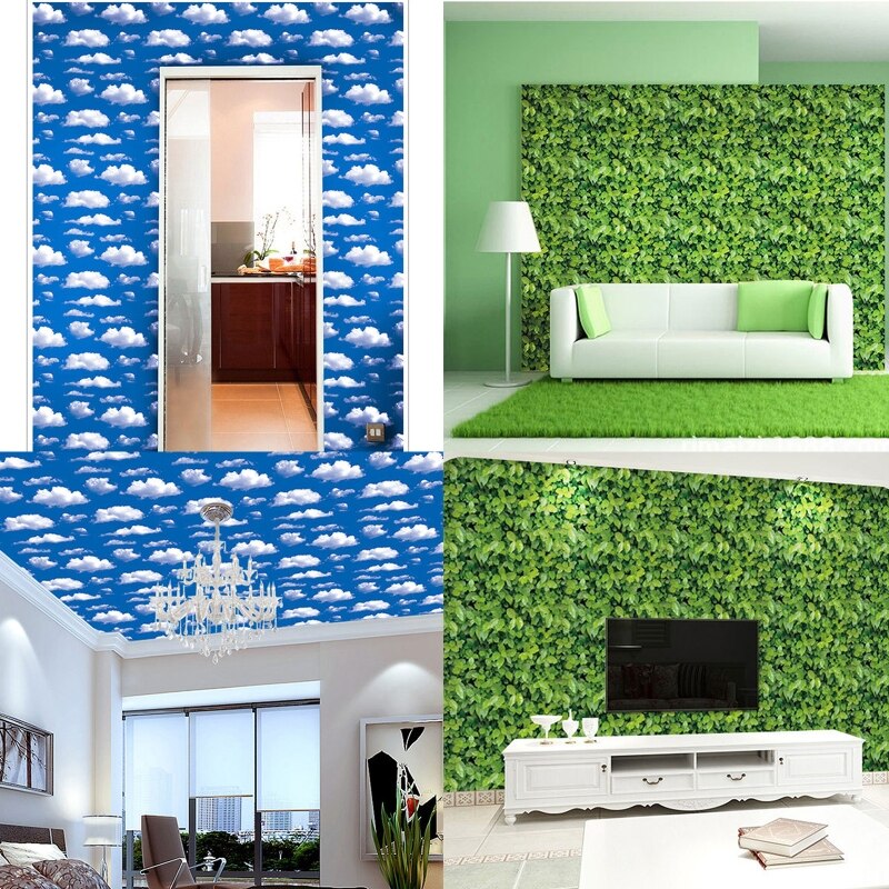 3D Huis Eetkamer Slaapkamer Waterdichte Pvc Zelfklevende Blauwe Hemel Grasland Decoratieve Behang T8NA