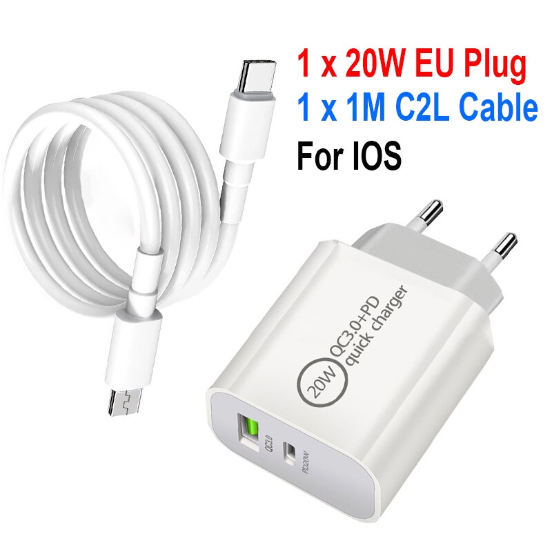 PD20W + QC3.0 caricabatterie a ricarica rapida per IPhone13 12 caricabatterie a doppia porta IPhone 12 11 Pro XR XS Max 6 7 8 IPad Huawei Xiaomi Samsung: EU C2L