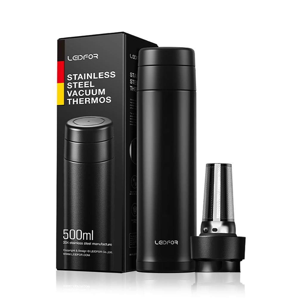 Leidfor termo Infusor de té para té de hojas sueltas, aislamiento al vacío de acero inoxidable, botella de agua infuida para frutas y café de 17oz: Black