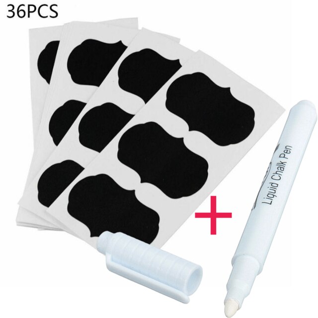 Juego de etiquetas adhesivas para pizarra con pluma de tiza, frascos de botella de comida, contenedor, latas de pizarra, accesorios de cocina, 36 Uds.: label and chalk pen