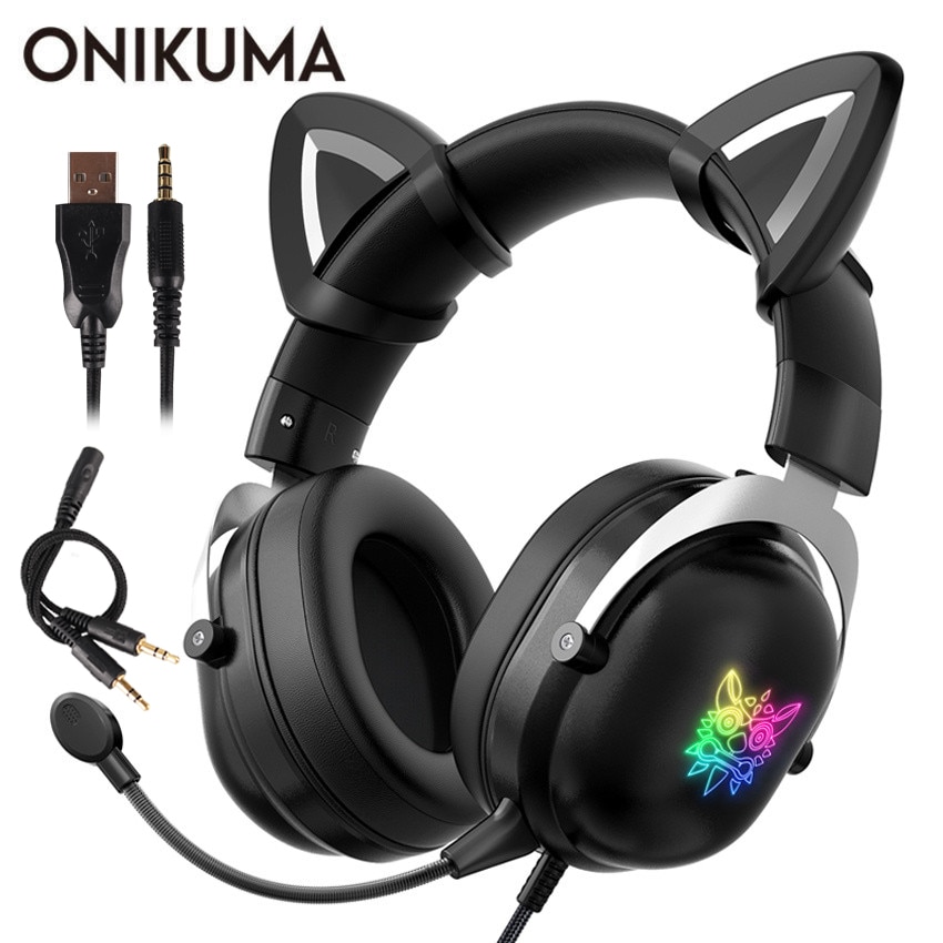 Balck Cat Ear PS4 Headset casque Wired Stereo PC Earphone Headphones with Mic & LED Light for Laptop/ PS4/Xbox One Controller